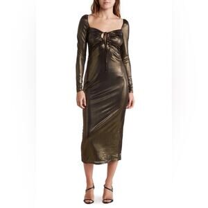 NSR NWT Nordstrom gold metallic midi dress long sleeve cut out date night